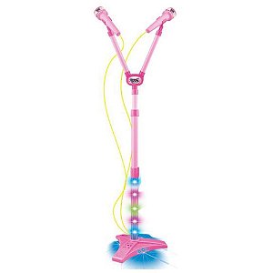 Instrumento Musical Microfone Duplo com  Pedestal Rosa