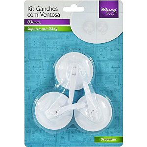 Gancho Plástico KIT com Ventosa 8CM 3 PCS com 03