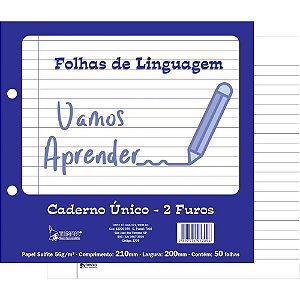 Folha 2 Furos Linguagem para Caderno único - 50 Folhas - Pacote com 5 Unidades