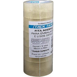 Fita para Empacotamento TACK Tape PP 48X45M Transparente – Pacote com 05 Rolos