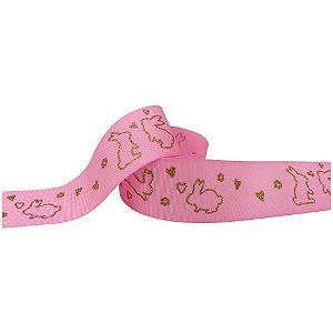 Fita de Gorgurão Páscoa 38MM 10M Coelho Rosa com Glíter