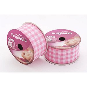 Fita de Cetim 37MM 10M Xadrez Rosa Bebê