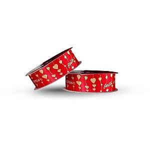 Fita de Cetim Decorada 22MM X 10M Feito com AMOR Vermelha