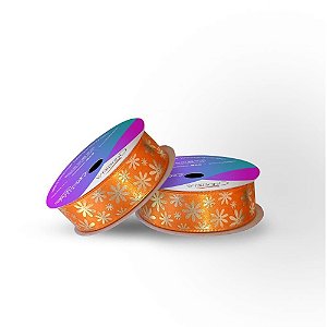 Fita de Cetim Decorada 22MM X 10M Laranja com Dourado - Fitas Cinderela