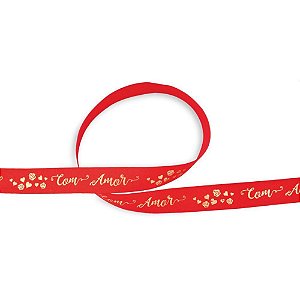 Fita de Cetim Decorada 15MM 10M com AMOR Vermelho