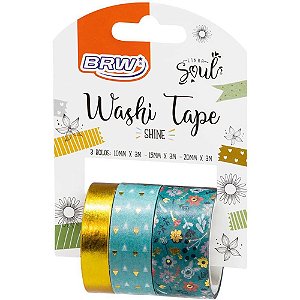 Fita Adesiva Decorada Washi Tape Shine BRW 10/15/20MM X 3M Verde - Pacote com 3 Rolos