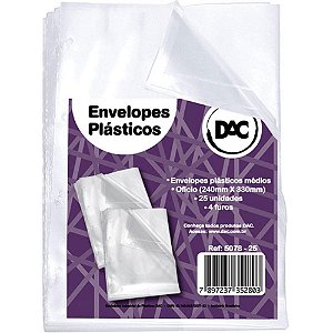 Envelope Plástico Ofício 4 Furos Médio 0,10MM - Pacote com 25