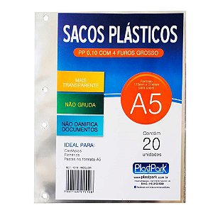 Envelope Plástico A5 com 4 Furos PP Grosso - Pacote com 20 Unidades