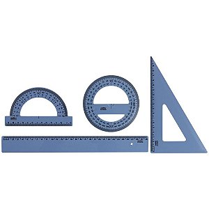 Conjunto para Desenho NEW Line Waleu - Régua 30CM + Esquadro 60° + Transferidor 180° + Transferidor 360° - Azul