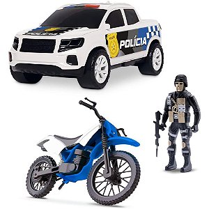 Carrinho Polícia KIT Força Tarefa - Completo com Moto, PICK-UP e Policial