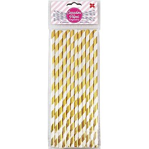 Canudo Biodegradável Papel Listrado Dourado 6X200MM com 12 Unidades Pacote com 10