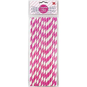 Canudo Biodegradável de Papel Listrado Rosa Claro 6X200MM com 12 Unidades - Pacote com 10
