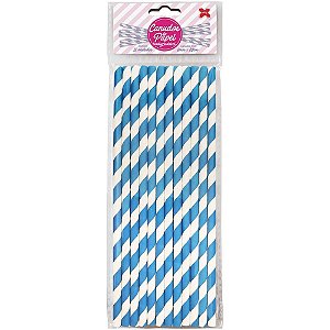 Canudo Biodegradável Papel Listra Azul Claro 6X20MM com 12 Unidades Pacote com 10