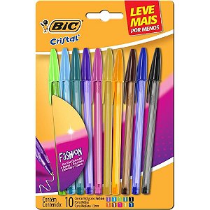 Caneta Esferográfica Cristal Fashion Dura+ Ponta 1.0MM Blister com 10 Cores Sortidas