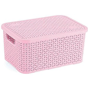 Caixa Plástica Multiuso Rattan com Tampa Rosa Bebê 8L