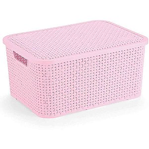 Caixa Plástica Multiuso Rattan com Tampa Rosa BB - Grande 16L