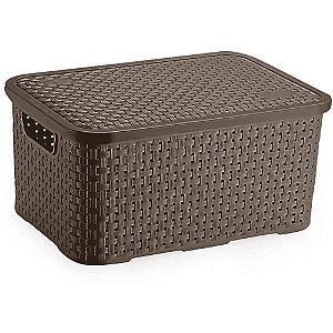 Caixa Plástica Multiuso Rattan com Tampa Marrom 8L