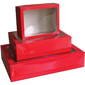 Caixa para Presente com Tampa Grande 25,5X35X7,5CM VERMELHA/PRETA com Visor PVC - Pacote com 5