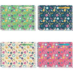 Caderno de Desenho Universitário Capa Dura Decorado 48 Folhas Espiral - Pacote com 04