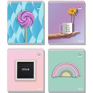 Caderno 10X1 Capa Dura FLIP Pastel Feminino Vertical 160 Folhas - Pacote com 04