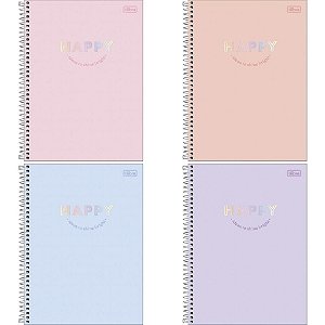 Caderno Espiral Capa Dura HAPPY 1 Matéria 80 Folhas - Pacote com 04
