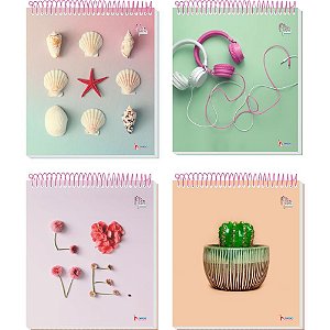 Caderno 1X1 Capa Dura FLIP Pastel Feminino Vertical 80 Folhas Pacote com 4