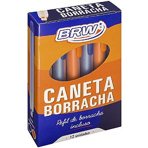 Borracha Caneta Retrátil 2 Cores Laranja e Azul BRW - Caixa com 12 Unidades
