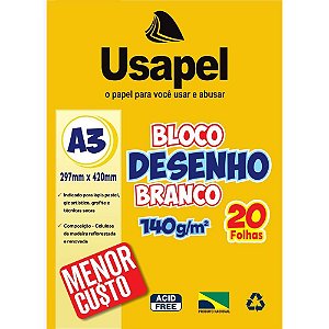 Bloco Técnico sem Margem Usapel Desenho A3 140G 20 Folhas Branco - Pacote com 5 Unidades