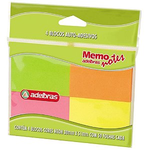 Bloco de Recado Autoadesivo Memonote Neon 38X51MM 50 Folhas Pacote com 4