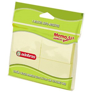Bloco de Recado Autoadesivo Memonote Amarelo 38X50MM - 100 Folhas, Pacote com 4 Unidades
