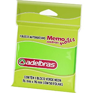 Bloco de Recado Autoadesivo Memonote Verde Neon 76X76MM 50 Folhas