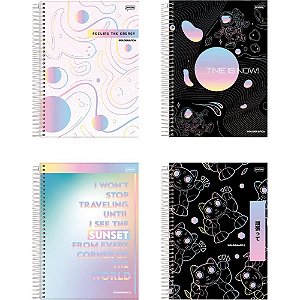 Caderno 10X1 Capa Dura Holográfica 160 Folhas Pacote com 4