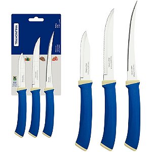 Jogo de Facas Tramontina Felice 3 Peças INOX com Cabo Azul