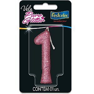 Vela para Aniversário N°01 Glitter Rosa - Caixa com 10 Unidades