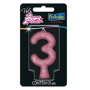 Vela para Aniversário N.03 Glitter Rosa Caixa com 10