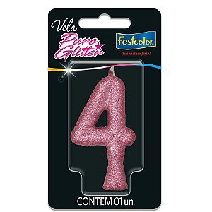 Vela para Aniversário Nº04 Glitter Rosa - Caixa com 10 Unidades