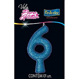 Vela para Aniversário N°06 Glitter Azul - Caixa com 10 Unidades