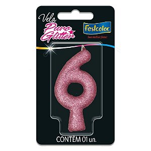 Vela para Aniversário N.06 Glitter Rosa Caixa com 10 Unidades