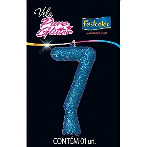 Vela para Aniversário Número 07 com Glitter Azul - Caixa com 10 Unidades