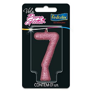 Vela para Aniversário Nº 07 Glitter Rosa - Caixa com 10