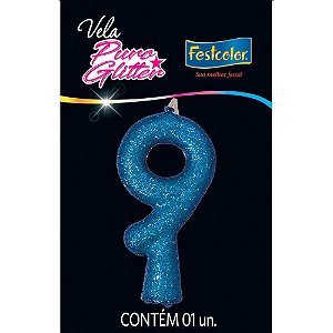 Vela para Aniversário Número 09 com Glitter Azul - Caixa com 10 Unidades