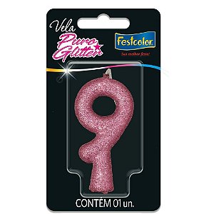 Vela para Aniversário N.09 Glitter Rosa - Caixa com 10