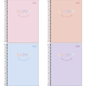 Caderno Espiral Capa Dura Colegial HAPPY 10 Matérias 160 Folhas.