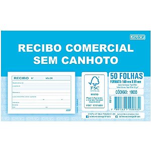 Impresso Recibo Comercial sem Canhoto 50 Folhas - Pacote com 20 Unidades