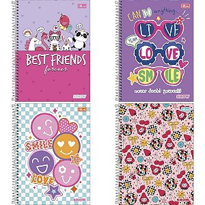 Caderno 01X1 Capa Dura SHOW Feminino 80 Folhas - Pacote com 4 Unidades