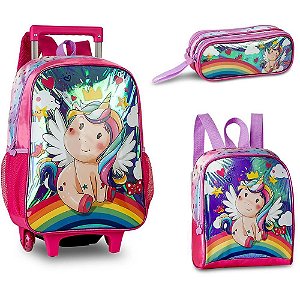 Mochila Infantil com Rodinha Unicórnio G Estojo+lancheira