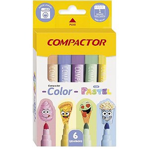 Caneta Hidrográfica Compactor Color Pastel 6 Cores Pacote com 10