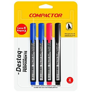 Pincel Marcador Permanente C/ 2 Azuis, 1 Vermelho, 1 Preto - Blister com 4