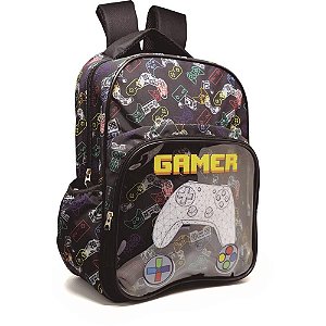 Mochila Infantil Gamer com Bolso Frontal Média Preta