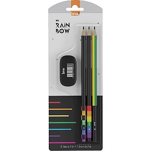 Kit Escolar Rainbow 3 Lápis Estampados HB e 1 Borracha - BRW